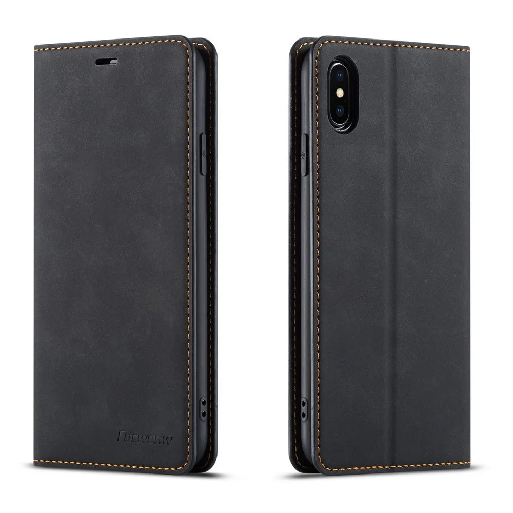 For iPhone Models: Black, Brown, Red, And Blue Color Leather Wallet Case With Magnetic Closure