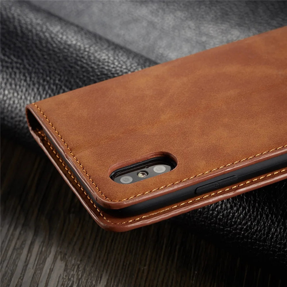 For iPhone Models: Black, Brown, Red, And Blue Color Leather Wallet Case With Magnetic Closure