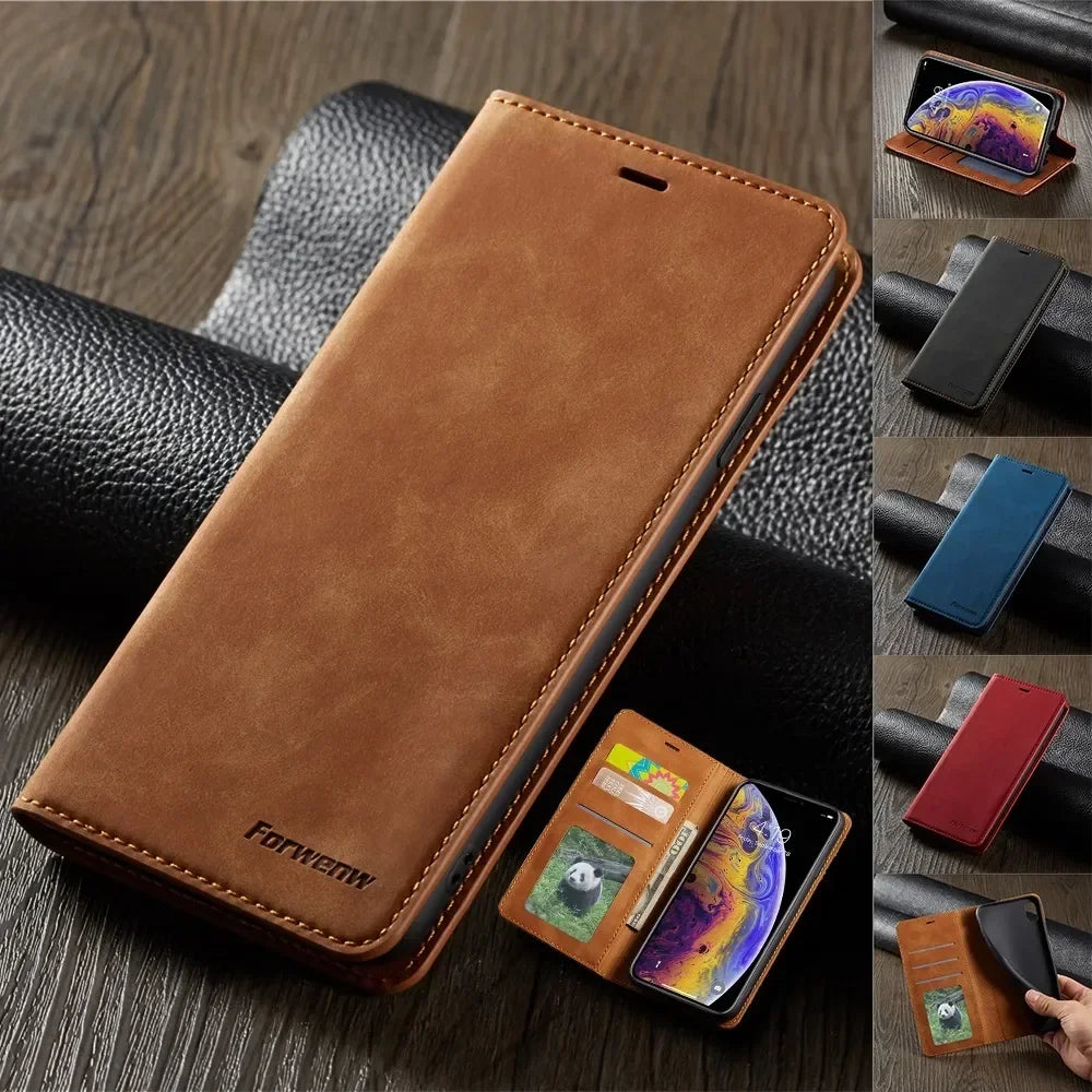 For iPhone Models: Black, Brown, Red, And Blue Color Leather Wallet Case With Magnetic Closure