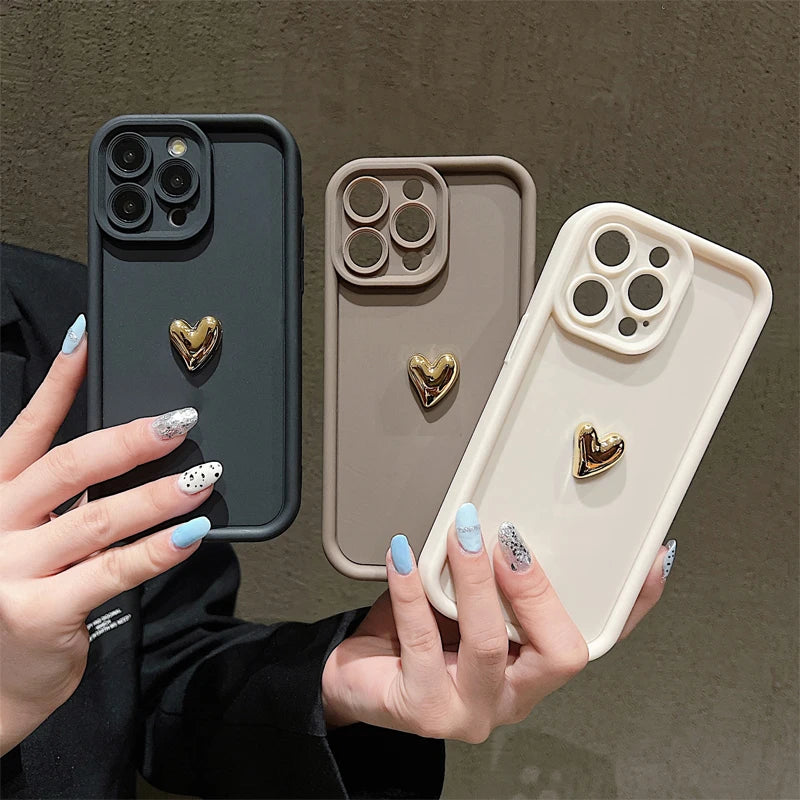 For iPhone Models: White, Black, Pink, And Coffee Color 3D Gold Heart Silicone Phone Cases