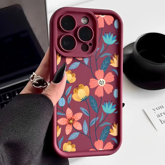 For iPhone Models: Red, Blue, Pink, And Coffee Color Soft Silicone Flower Cases