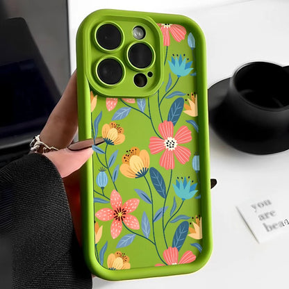 For iPhone Models: Black, White, Pink, And Green Color Soft Silicone Flower Cases