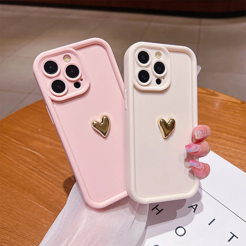 For iPhone Models: White, Black, Pink, And Coffee Color 3D Gold Heart Silicone Phone Cases