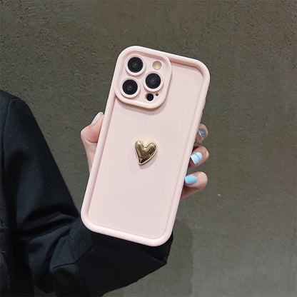 For iPhone Models: White, Black, Pink, And Coffee Color 3D Gold Heart Silicone Phone Cases