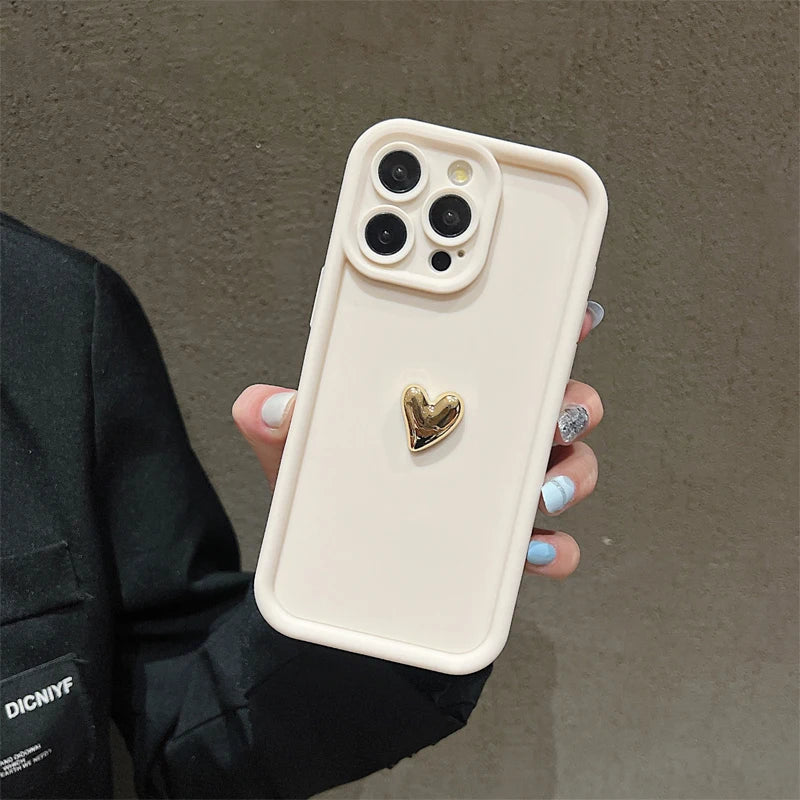 For iPhone Models: White, Black, Pink, And Coffee Color 3D Gold Heart Silicone Phone Cases